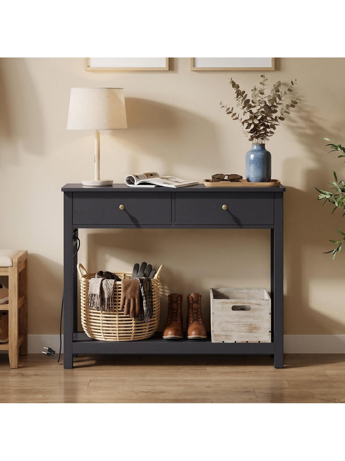 Waski stolik konsolowy z listwa zasilajaca, 2 szufladami, polka i portami USB, mebel do przedpokoju, salonu i kuchni, 100 x 30 x 80 cm, czarny