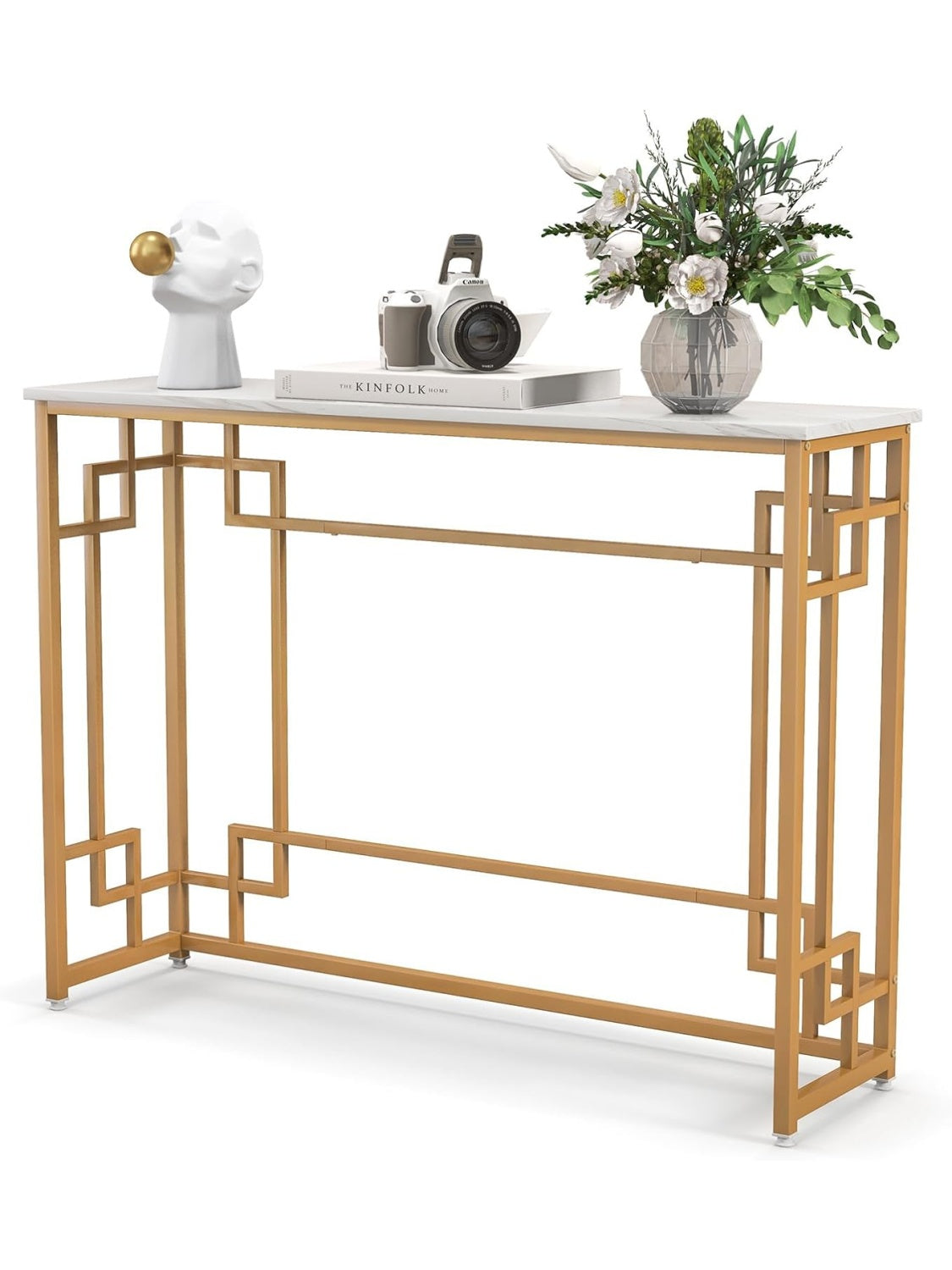 Waski stolik konsolowy z marmurowym blatem i zlota metalowa rama geometryczna, mebel do wejscia, salonu i korytarza, 110 x 30 x 81 cm
